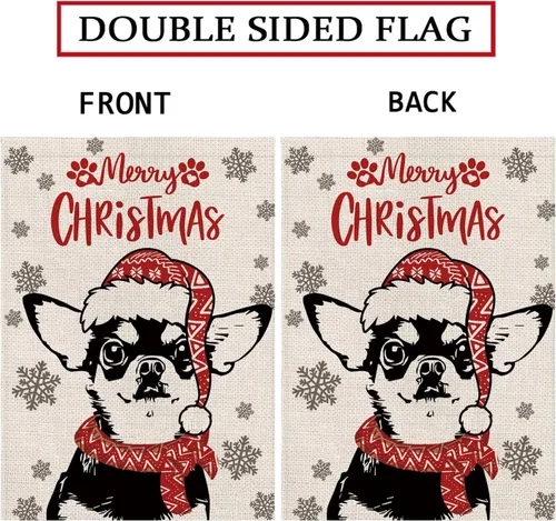 Vista 3 de Sombrero de bandera de jardín de Navidad, perro chihuahua con bufanda, decoración navideña de invierno, vacaciones, arpillera, vertical, doble cara