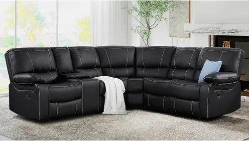 Vista 6 de EBELLO - Juego de sofá modular reclinable manual para sala de estar, sofá modular reclinable de piel sintética suave con consola central, portavasos
