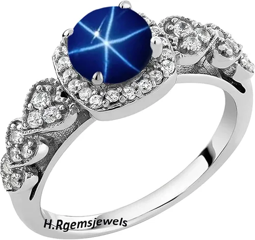 Vista 4 de Anillo de plata de ley 925 con zafiro, redondo, cabujón, anillo de boda para mujer, anillo de plata de ley 925 creado en laboratorio, anillo