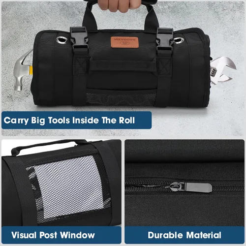 Vista 14 de BAQRAXIA Bolsa de herramientas, caja de herramientas pequeña enrollable, organizador de herramientas resistente con 2 bolsas de herramientas Negro