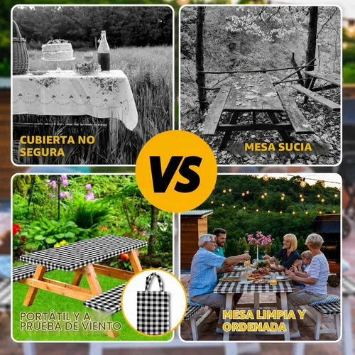 Vista 6 de RNOONY Cubierta de Mesa de Picnic de Vinilo Ajustable con Fundas de Banco y Bolsa, Mantel de 6 pies para Exteriores Impermeable y Resistente al