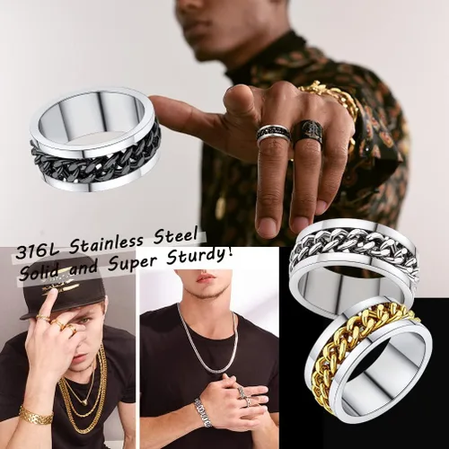 Vista 5 de PROSTEEL Anillo giratorio para hombre, anillos para ansiedad, cadena de eslabones cubanos giratoria de 0.315 in, anillo grueso, tamaño 6-14, grabado