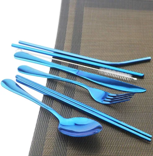 Vista 3 de JASHII Juego de cubiertos portátiles de 8 piezas, incluye cuchillo, tenedor, cuchara, palillos, pajitas, bolsa portátil para viajes, trabajo