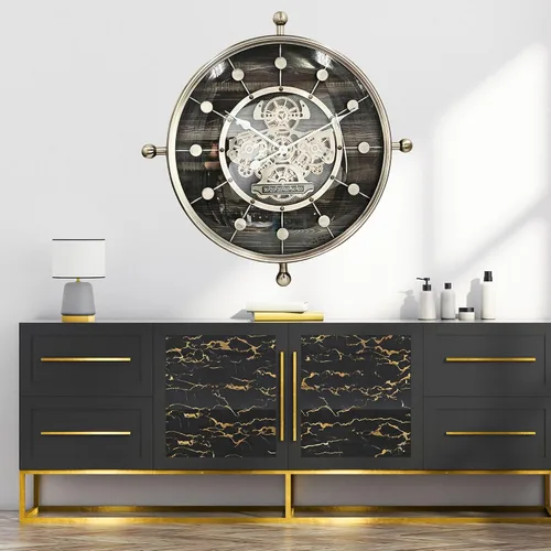 Vista 4 de THE GEARS CLOCK Reloj de pared con engranaje móvil real de 27 pulgadas, línea Luxemburgo (negro y plata, 27 pulgadas)