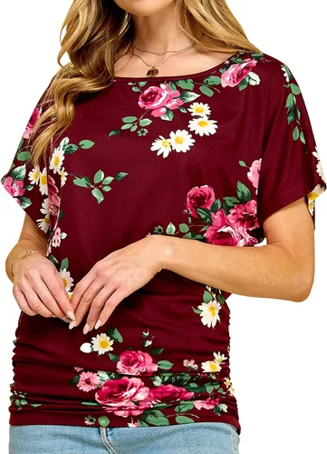 Vista 14 de Made By Johnny Camiseta de manga corta Dolman con cuello barco y dobladillo curvado para mujer, ajuste holgado Wt1037_aqua