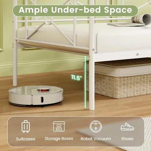Vista 8 de KOMFOTT Marco de cama de metal de tamaño individual, plataforma de soporte de listones de acero resistente, sofá cama multifuncional con cabecero