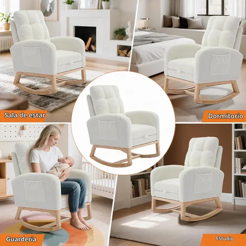 Vista 7 de Garvee Silla mecedora moderna para guardería, cómoda silla mecedora con bolsillo lateral y reposapiés, respaldo alto reclinable para sala