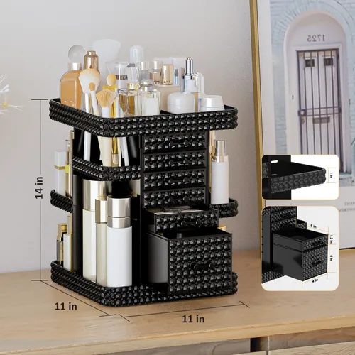 Vista 3 de Organizador de maquillaje giratorio de 360 grados para tocador, organizador grande para el cuidado de la piel con 6 cajones, organizador