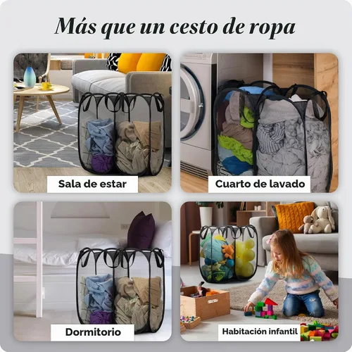 Vista 8 de Handy Laundry - Cesta desplegable doble para lavandería, cesta de malla de 2 secciones, color negro