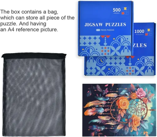 Vista 7 de Rompecabezas de flores atrapasueños para adultos de 1000 piezas, rompecabezas colorido con bolsa de almacenamiento de malla, rompecabezas educativos