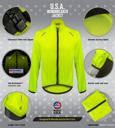 Vista 8 de AEROTECHDESIGNS Men's USA Windbreaker Jacket Packable Safety Yellow Windproof Cycling Coat Made in USA