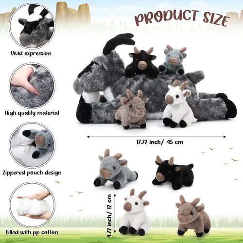 Vista 2 de HyDren Juego de 5 piezas de peluche de cabra de 18 pulgadas, peluche de cabra con 4 peluches de bebés en su barriga, almohada de felpa suave de Gris