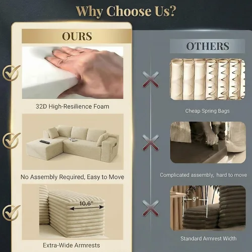 Vista 9 de Gizoon Sofá modular Cloud de 105 pulgadas con diván en forma de L, sofá modular sin hueso para sala de estar, sofá de pana tapizado con asiento Beige