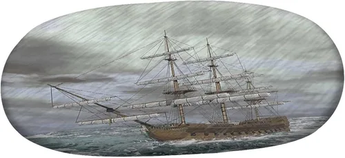 Vista 3 de Mantel ajustable ovalado de poliéster con bordes elásticos náuticos, diseño de barco antiguo en el océano en olas y tormentas, se adapta a mesas