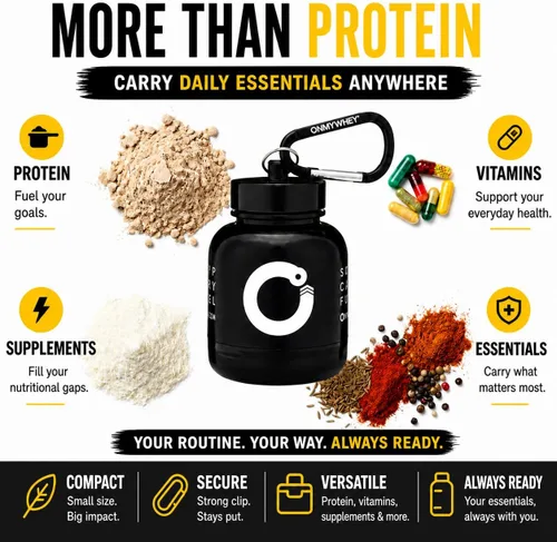 Vista 8 de OnMyWhey - Llavero de embudo de proteína en polvo y suplemento, contenedor portátil para el gimnasio, entrenamientos, fitness y viajes - Aprobado