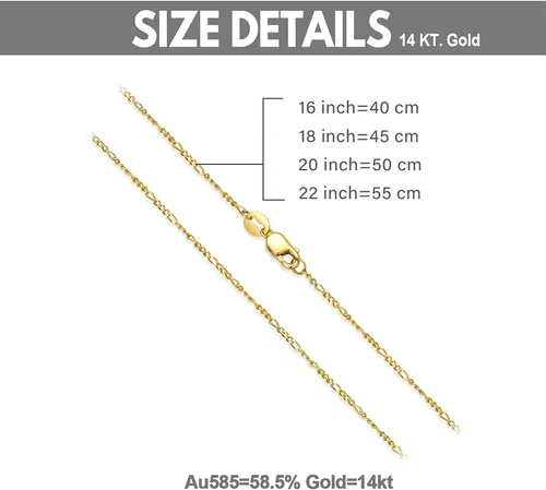 Vista 6 de SISGEM Collar de cadena Figaro de oro real de 14 quilates con cierre de garra de langosta, oro amarillo de 0.044in, cadena Figaro de eslabones de 16