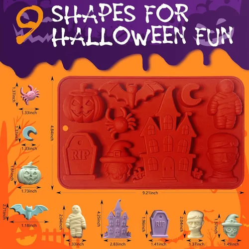 Vista 2 de Moldes de silicona para Halloween, 2 moldes de silicona para chocolate, molde 3D de caramelo de chocolate de Halloween, castillo, luna, bruja