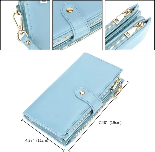 Vista 7 de YALUXE Billeteras con doble cremallera para mujer, cartera para teléfono celular, tarjetero de cuero vegano