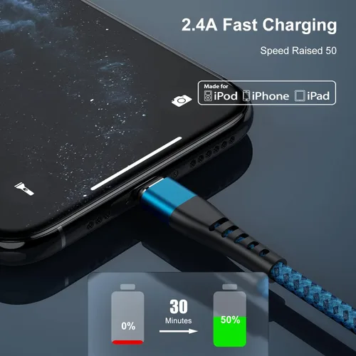 Vista 5 de Essri 3 cables de carga cortos de 1 pie para iPhone, con certificación MFi, cables Lightning fuertes de nailon trenzado, carga rápida USB para Azul