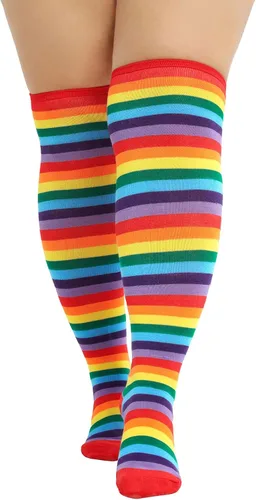Vista 5 de Zando Calcetines altos hasta el muslo de talla grande para muslos gruesos para mujer, medias altas a rayas hasta el muslo por encima de la rodilla