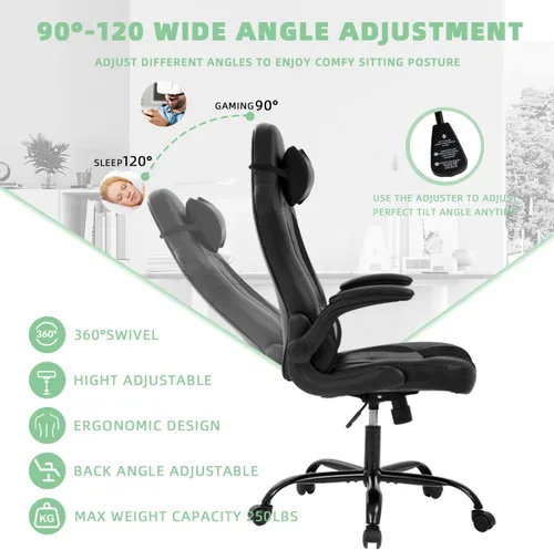 Vista 7 de Silla ergonómica para juegos con reposacabezas ajustable y soporte lumbar, cómoda silla de oficina de piel sintética con respaldo alto para adultos