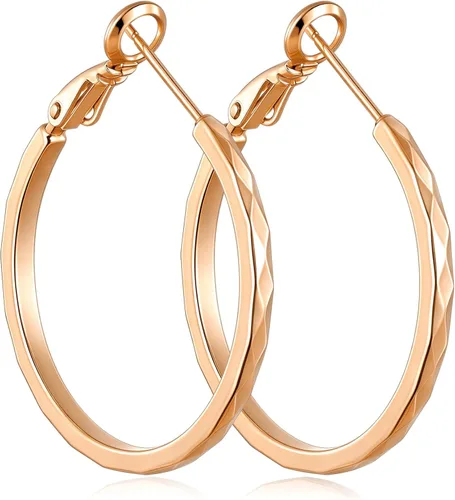 Vista 19 de Aretes de aro de corte de diamante para mujer, aro ligero y fino Dorado