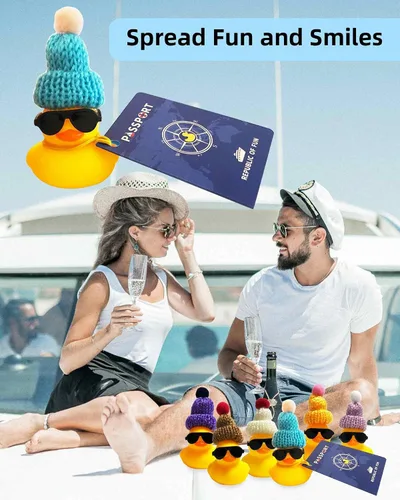 Vista 6 de El juego de etiquetas de pato de crucero incluye 12 patos de goma de crucero con sombrero de gafas de sol para cruceros, 12 tarjetas de etiqueta