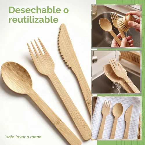 Vista 5 de Juego de cubiertos 100% de bambú - Juego de 100 cubiertos compostables