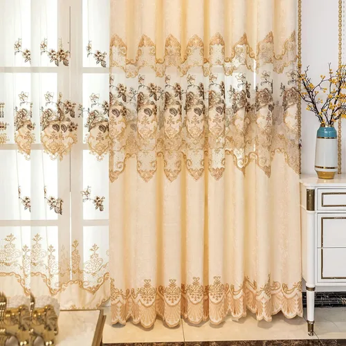 Vista 3 de ELKCA Cortina de Chenille Bordada Beige de Estilo Europeo para Sala de Estar, Elegantes Cortinas Florales de Chenille para Dormitorio, Parte