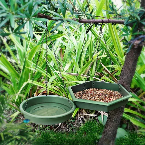 Vista 6 de Baño colgante para pájaros, 2 en 1 XL, comedero para pájaros y baño de pájaros para exteriores, comedero de agua para pájaros, bandeja