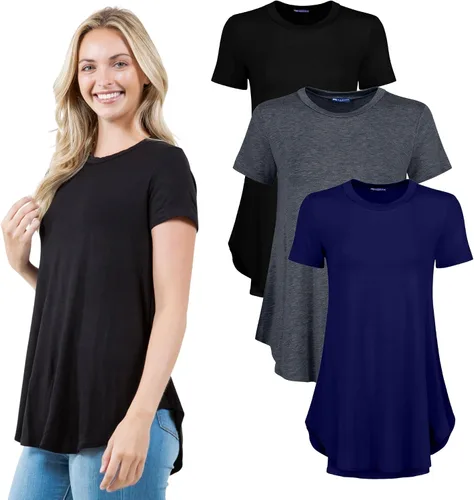 Vista 9 de Azules Blusa larga de manga corta para mujer, con cuello redondo y dobladillo curvado, suave y elástica