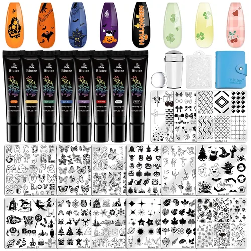 Vista 10 de Biutee - Juego de 10 placas de estampado de uñas, diseño de Halloween, kit de estampado de uñas 14 piezas
