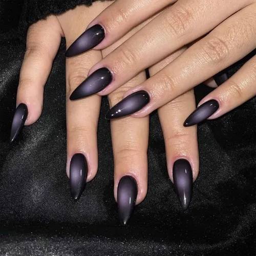 Vista 14 de IMSOHOT Uñas postizas a presión con forma de almendra, francesas, color azul medio, uñas postizas degradadas con purpurina con diseños de diamantes