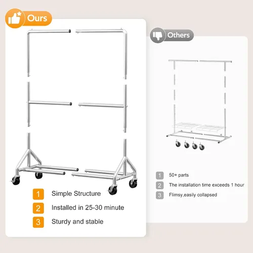 Vista 6 de AOODA Perchero de ropa resistente de 50 pulgadas de ancho para colgar ropa, perchero industrial de doble barra con ruedas, perchero resistente
