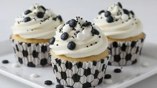 Vista 6 de NCS Gránulos comestibles en forma de pelota de fútbol – Decoración para cupcakes y galletas en blanco y negro, 7 onzas