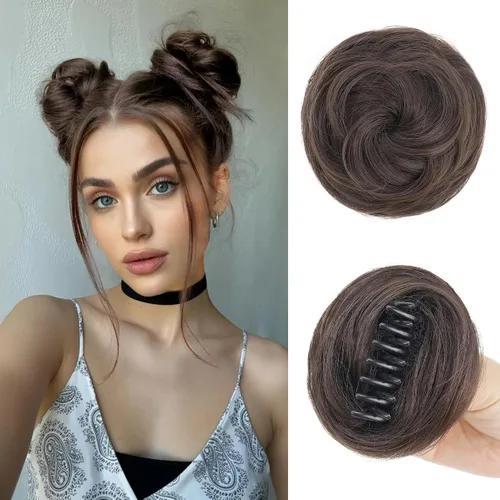 Vista 8 de Extensiones de moño espacial para mujer, 2 piezas de extensiones de moño de cabello falso natural, clip de garra, moño de pelo sintético