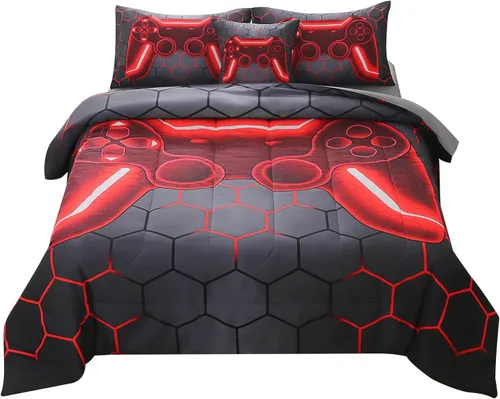 Vista 16 de JQinHome - Juego de edredón Gamer individual para niños y niñas, juego de cama en una bolsa de 6 piezas con diseño de videojuego 3D - Juego de ropa