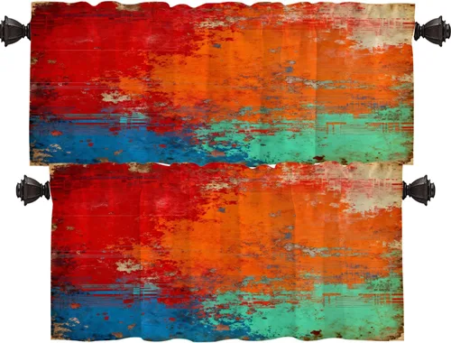 Vista 29 de Shrahala Beige and Orange Abstract Art Brushstrokes Blackout Curtain Tiers, Abstract Oil Paint Kitchen Valance Light Blocking Tier Drapes with Rod