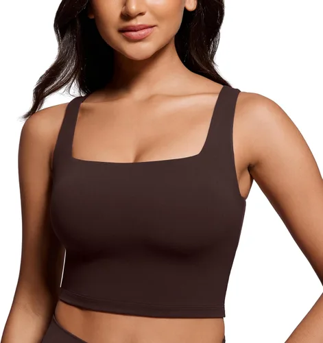 Vista 7 de CRZ YOGA Butterluxe Square Neck Crop Tank Top Brasier integrado, soporte ligero, almohadillas extraíbles, yoga, extremadamente suave, tirantes