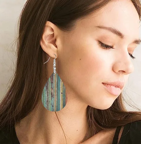 Vista 4 de Aretes de madera vintage para mujeres, adolescentes y niñas, aretes colgantes de lágrima, aretes de hoja de gota, aretes ligeros, juego de joyas