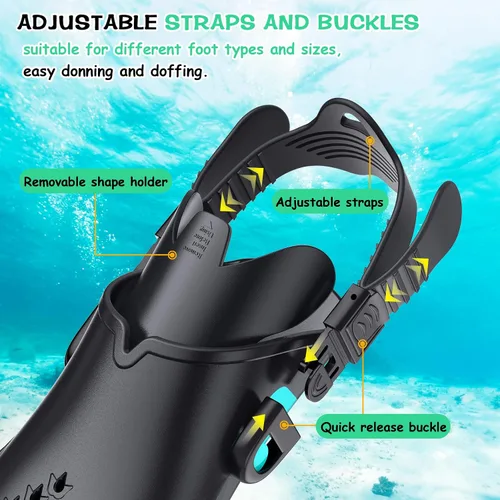 Vista 6 de Greatever Juego de esnórquel para adultos, azul, máscara, aletas, tubo, esnórquel seco, regalo ideal, máscara de buceo ajustable y aletas