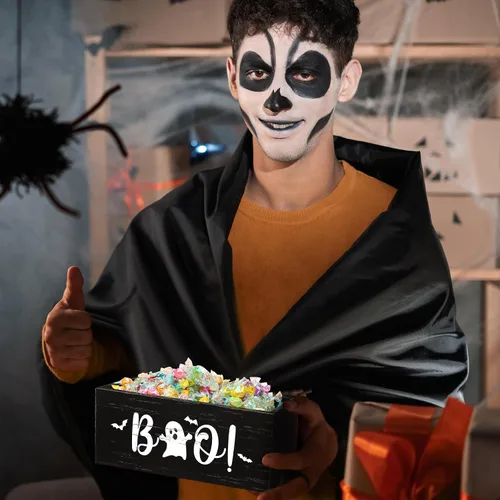 Vista 6 de Sintuff Cuenco de madera para dulces de Halloween, divertido plato de dulces para dulce o truco, soporte grande para servir de Halloween, cuenco
