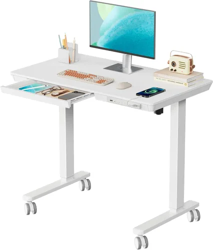 Vista 14 de Escritorio de pie de cristal de 40 pulgadas con cajón Tapa de cristal blanco