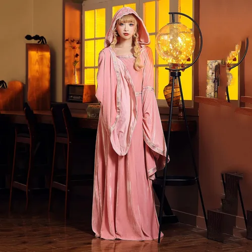 Vista 2 de Vestido renacentista de terciopelo para mujer con capucha, disfraz de bruja medieval de manga larga, vestido largo vintage