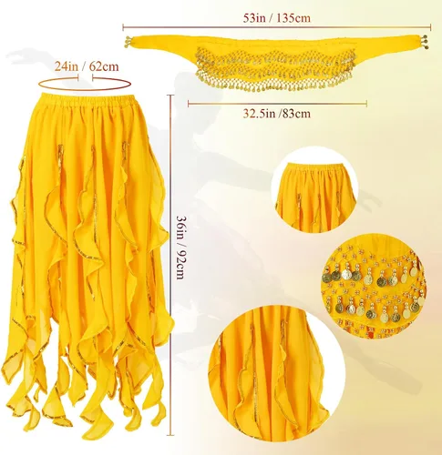 Vista 11 de Haysandy Conjunto de 8 piezas de danza del vientre para mujer, falda de danza del vientre, bufanda de cadera, 2 pulseras, aretes, pulsera de tobillo