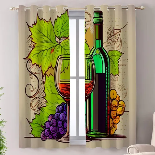 Vista 73 de Shrahala Cortinas opacas con diseño de uvas maduras de dibujos animados, copa de vino y botella, cenefa de cocina, cortinas de bloqueo de luz