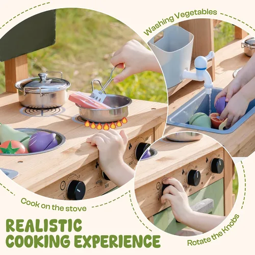Vista 5 de ROBUD Cocina de barro para niños al aire libre, cocina de barro de madera para niños con fregadero extraíble, taza de plantación, horno, pizarra