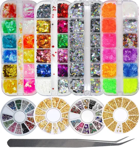 Vista 6 de Diamantes de imitación para manualidades con purpurina gruesa para manualidades y diamantes de imitación para uñas con pinzas, 4 unidades, purpurina