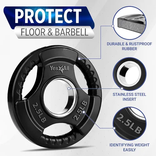 Vista 3 de Yes4All Rubber Coated Weight Plate, 5-70 Lb Cast Iron Weight for 2-Inch Barbell, 3-Handle Design for Easy Grip, Strength Training, Weightlifting &