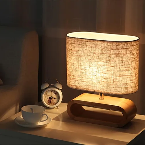 Vista 4 de Lámpara de escritorio LED con base de madera, lámpara de mesa, pantalla de tela, luces de mesa, lámpara de mesita de noche, luces de lectura